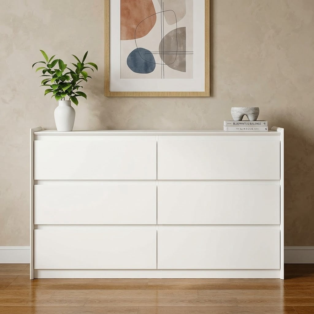 YAURA 47" Wide Modern White 6-Drawer Dresser, Chest of Drawers Storage Organizer for Bedroom, Closet, Hallway & Living Room