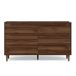 YAURA 47" Wide Walnut Dresser, Mid-Century Modern 6-Drawer Double Dresser, Dark Wood Horizontal Storage Chest for Bedroom