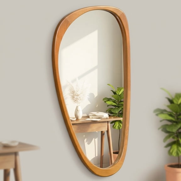 YAURA 48"24" Irregular Asymmetrical Wall Mirror, Solid Wood Frame Walnut Finish, Mid-Century Modern Full-Length Decorative Mirror for Living Room, Entryway, Bedroom & Bathroom