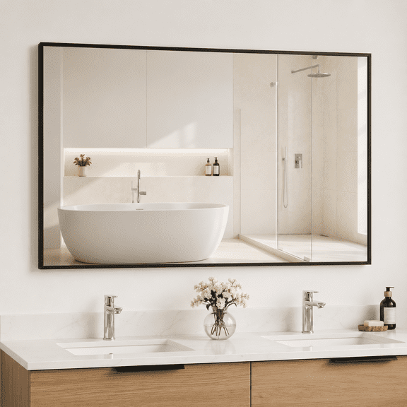 YAURA 48" x 30" Black Bathroom Vanity Mirror, Landscape Metal Frame Wall Mirror for 48"60" Vanity, Ultra-Flush Mount with HD Shatter-Resistant Tempered Glass