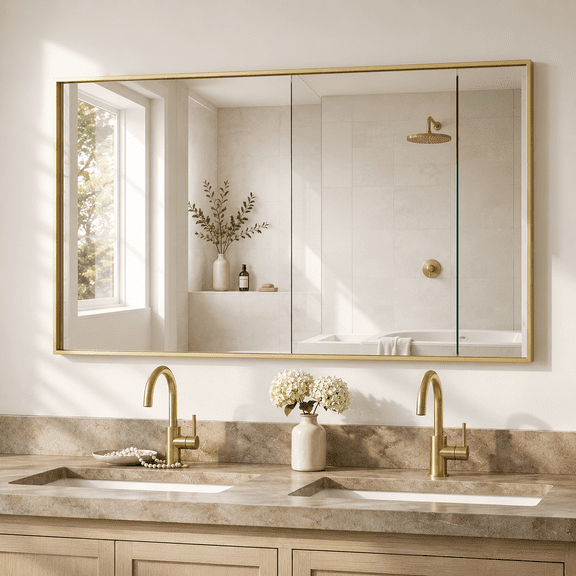 YAURA 55" x 30" Gold Bathroom Vanity Mirror, Large Landscape Metal Frame Wall Mirror for Double Vanity, Ultra-Flush Mount with HD Shatter-Resistant Tempered Glass