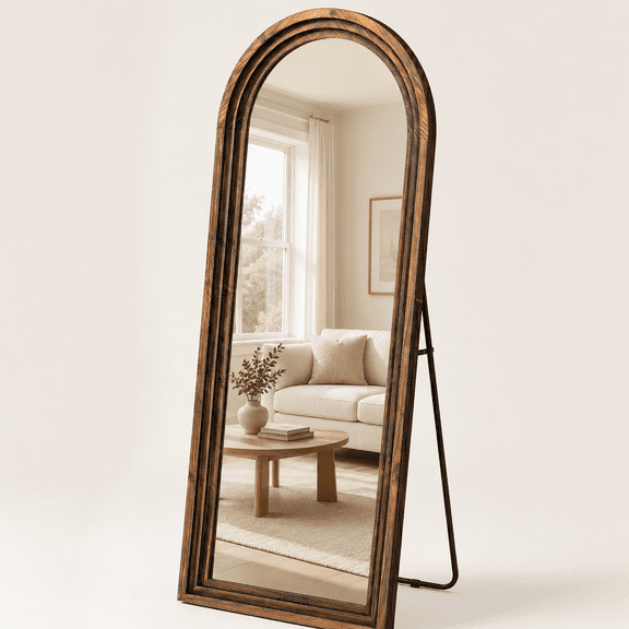 YAURA 63" x 21" Arched Wood Floor Mirror with Stand, Rustic Walnut Full Length Body Mirror with Triple-Layer Solid Wood Frame, Wall Mounted or Leaning Mirror for Bedroom & Entryway
