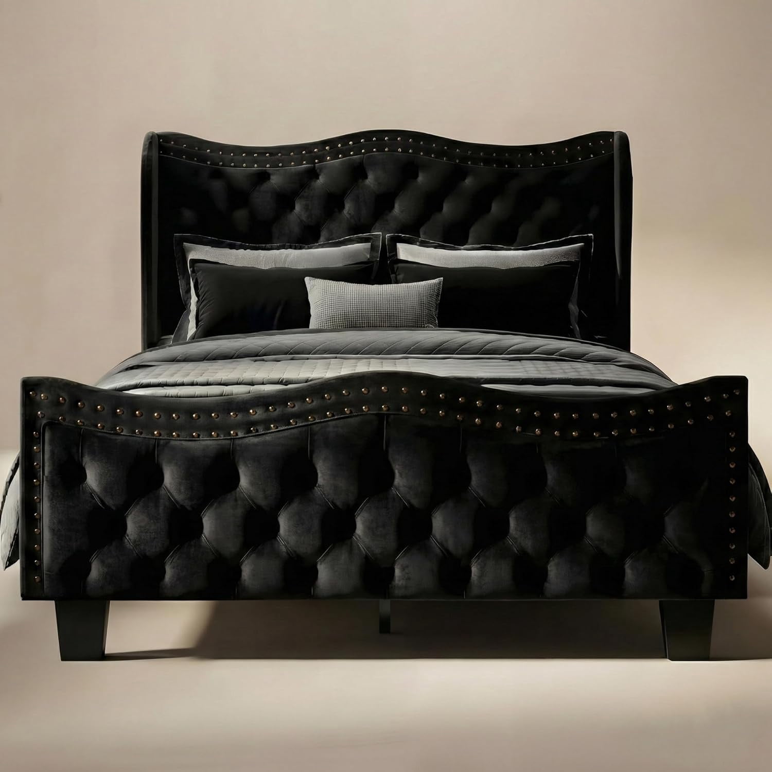 YAURA Jet Black Velvet Queen Bed Frame, Upholstered Platform Bed with 50" Tall Wingback Tufted Headboard & Footboard, Sturdy, Noise Free, No Box Spring Needed