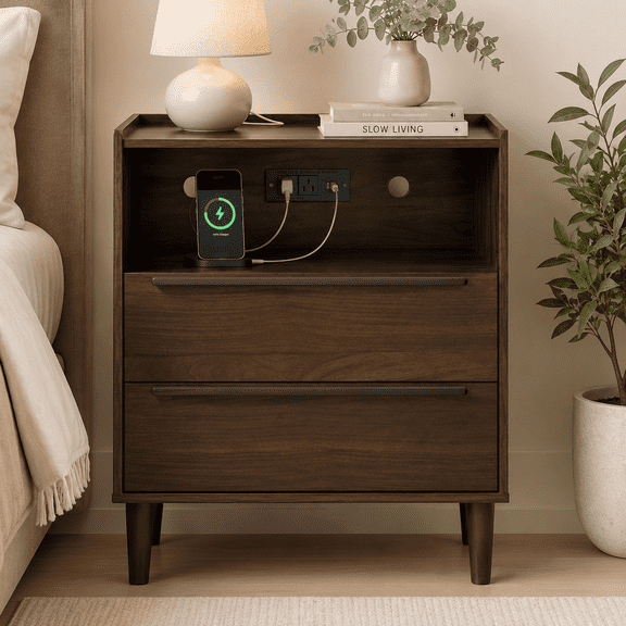 YAURA Mid-Century Modern Nightstands with Charging Station, 26" Tall Wood Bedside Tables with Tray Top, USB & Type-C Ports, 2 Drawers and Open Shelf for Bedroom or Living Room, Walnut