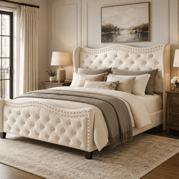 YAURA Queen Upholstered Bed Frame with 50" Tall Wingback Headboard and Footboard, Button Tufted Velvet Platform Bed, No Box Spring Needed, Noise Free