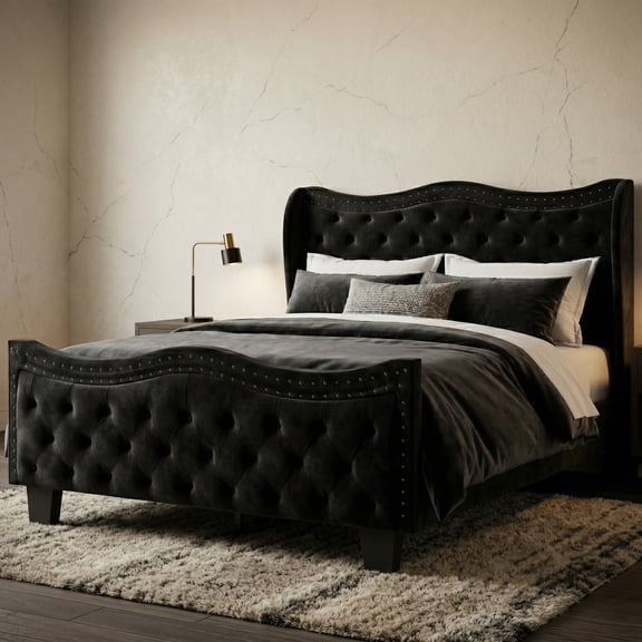YAURA Queen Upholstered Platform Bed Frame with 50" Tall Tufted Wingback Headboard, Black Velvet, No Box Spring Needed