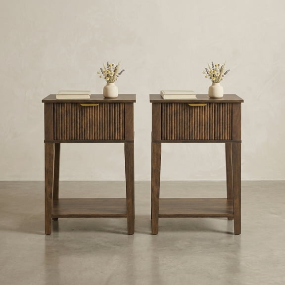 YAURA Set of 2 Fluted Wood Nightstands, 12" Shallow Depth Bedside Tables, Mid-Century Modern Compact Walnut End Tables