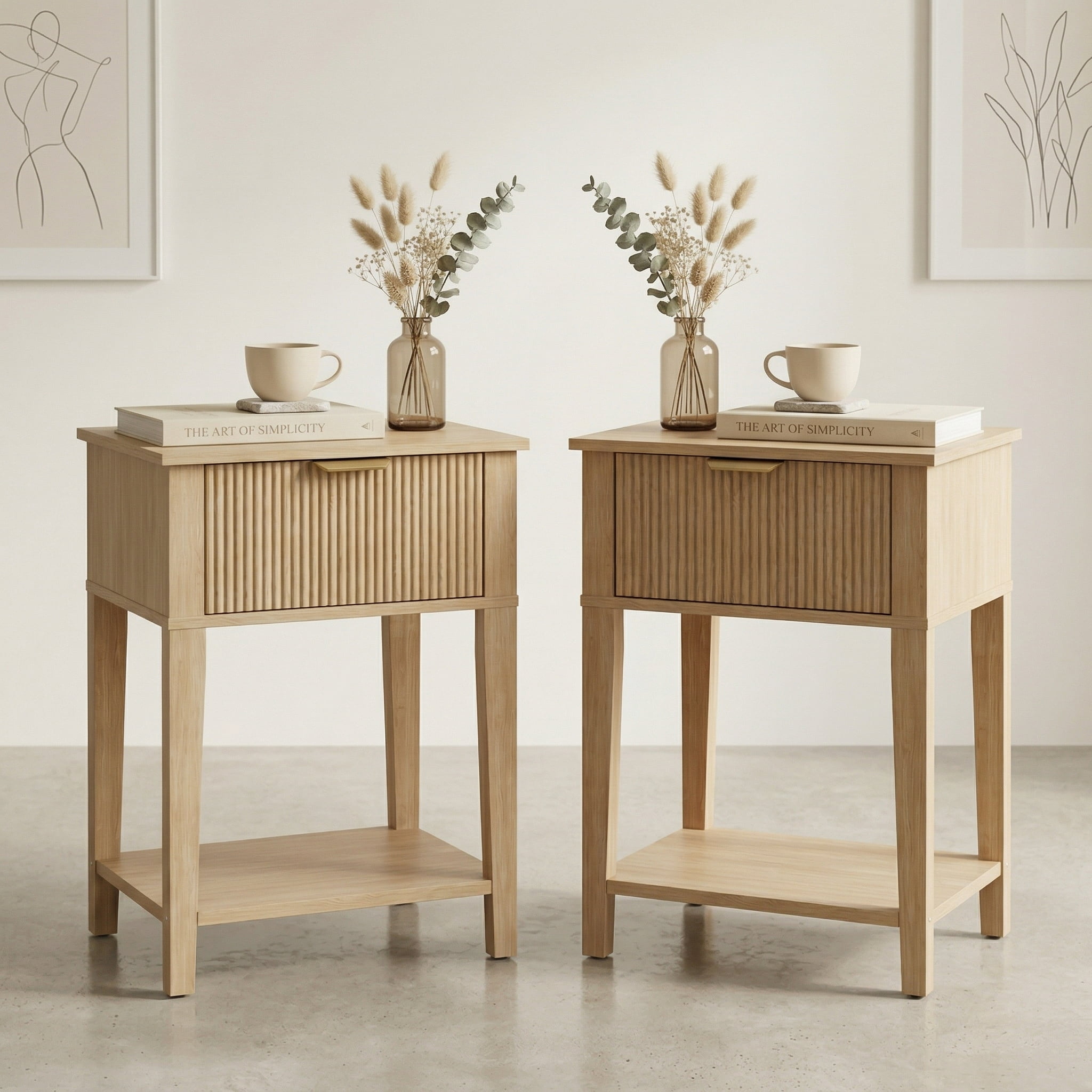 YAURA Set of 2 Fluted Wood Nightstands, 12