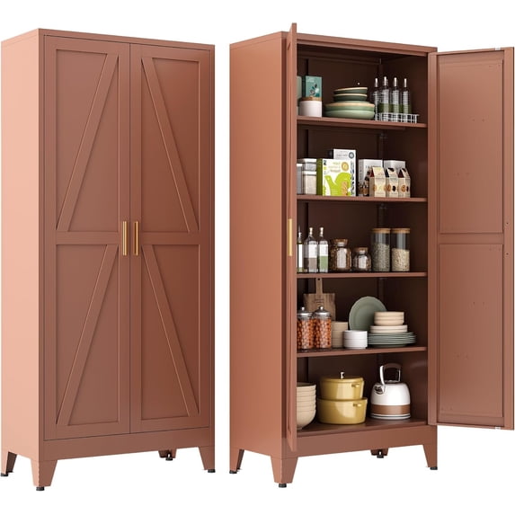 YAUWOH 71''Metal Cabinet with 4 Adjustable Shelves,5-Tier Pantry Storage Cabinet,Kitchen Pantry Cabinet for Living Room,Dining Room, Antique Copper