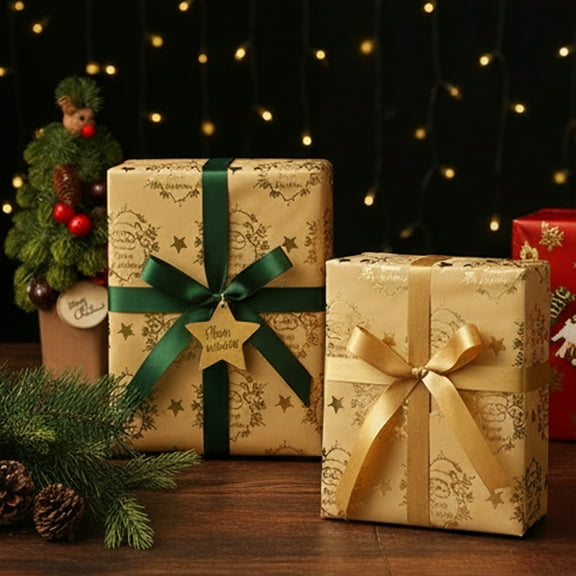 YAVELYN 2026 New Christmas Gold Foil Kraft Wrapping Paper - Santa & Snowflake Prints, Holiday Gift Packaging for Christmas Presents, Durable Festive Paper for Gift Wrapping