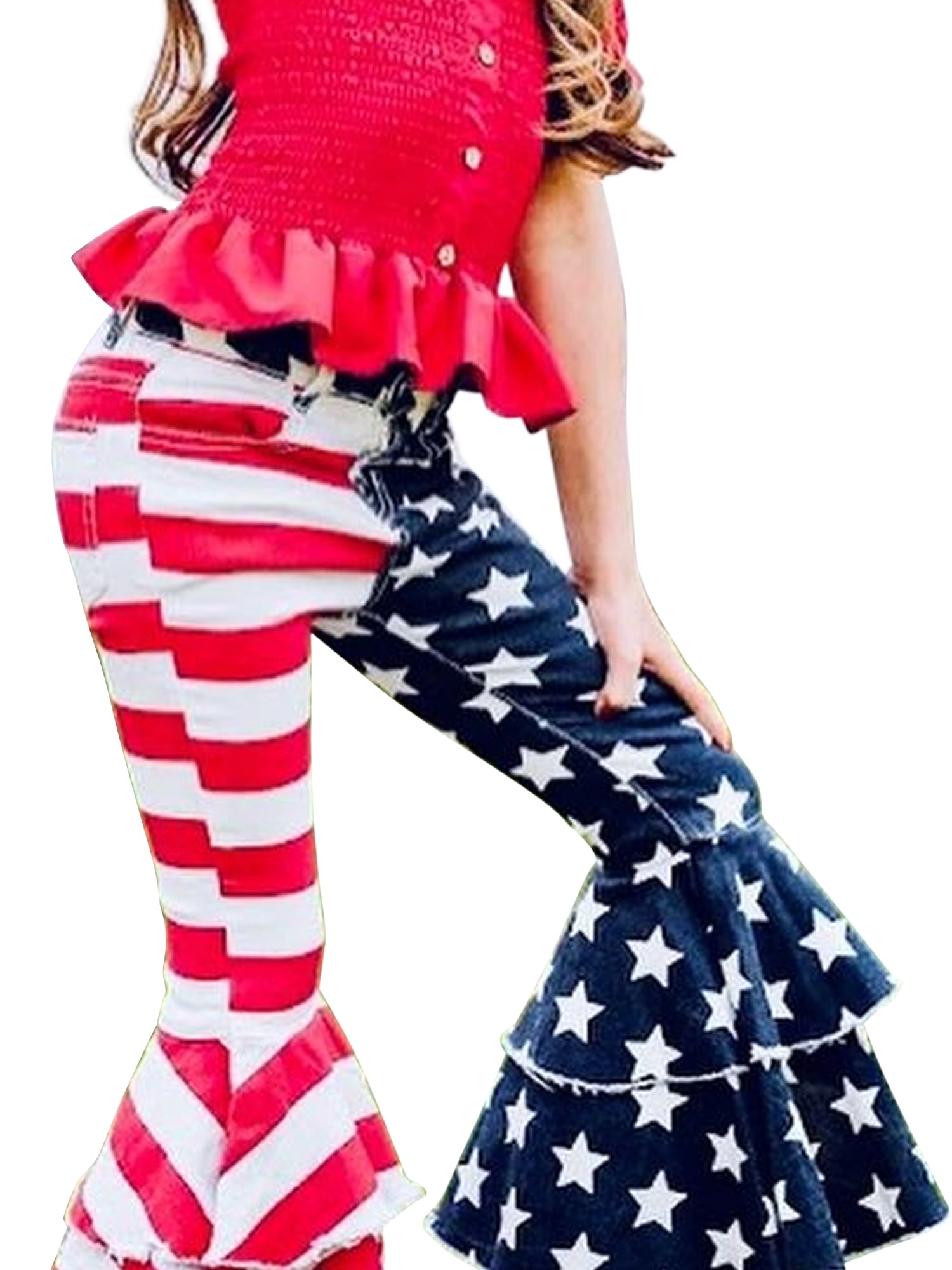 YAWOO Fashion July 4th Little Girls Star Stripe Bell Bottom Kids Jeans yawoo-fashion-july-4th-little-girls-star-stripe-bell-bottom-kids-jeans