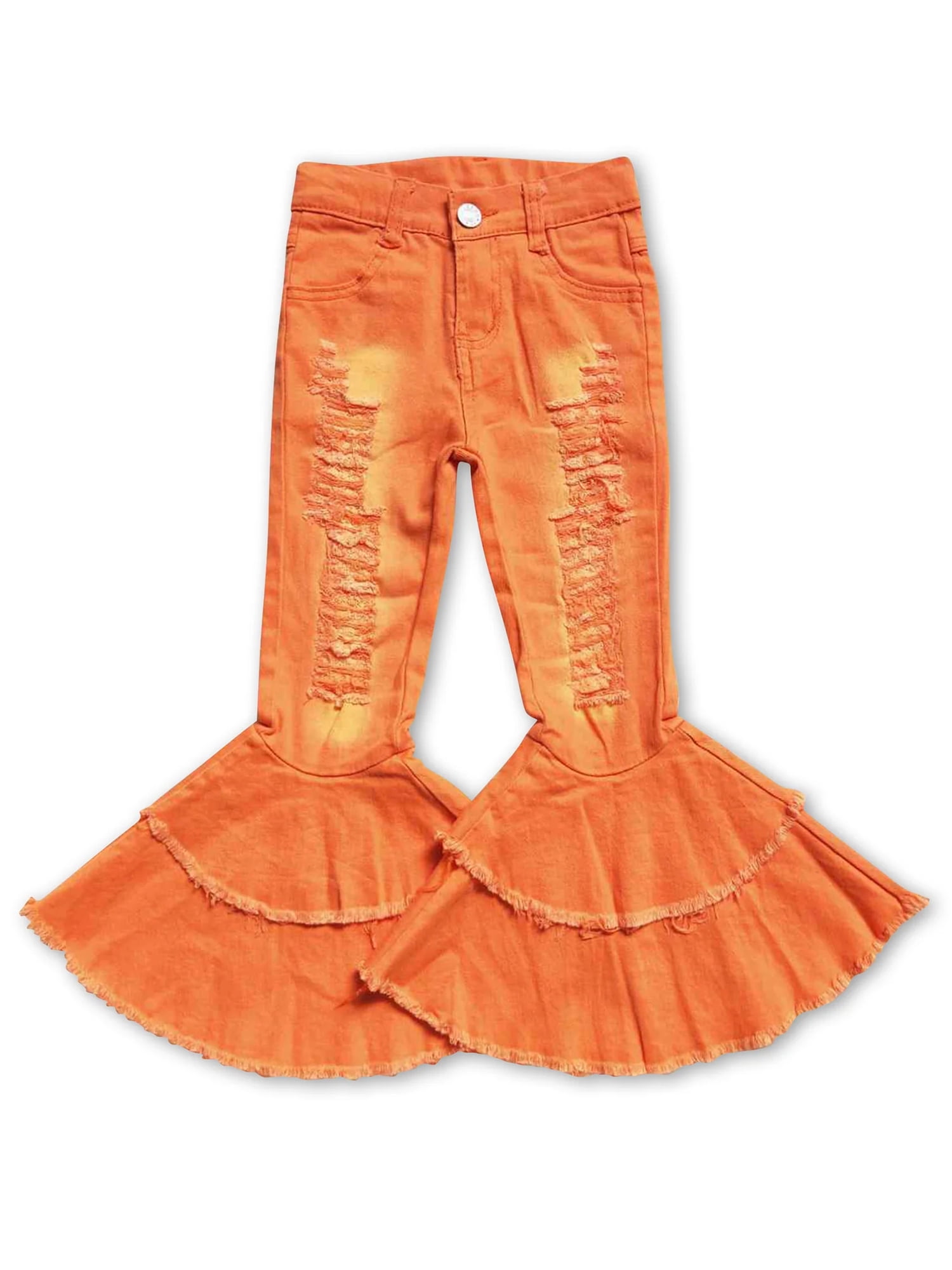 YAWOO Girls Fashion Ripped Kids Jeans Fall Orange Flare Denim Pants ...