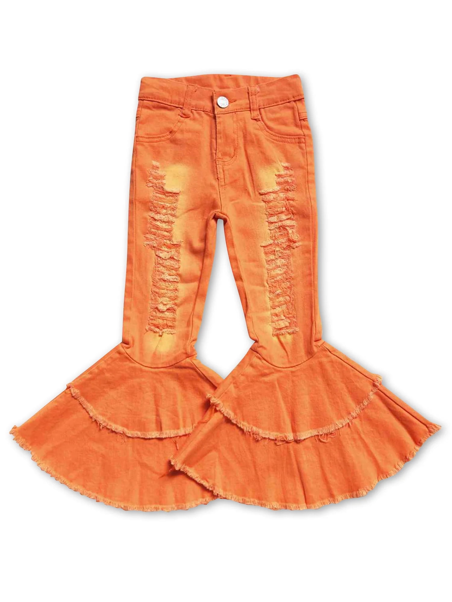 YAWOO Girls Fashion Ripped Kids Jeans Fall Orange Flare Denim Pants