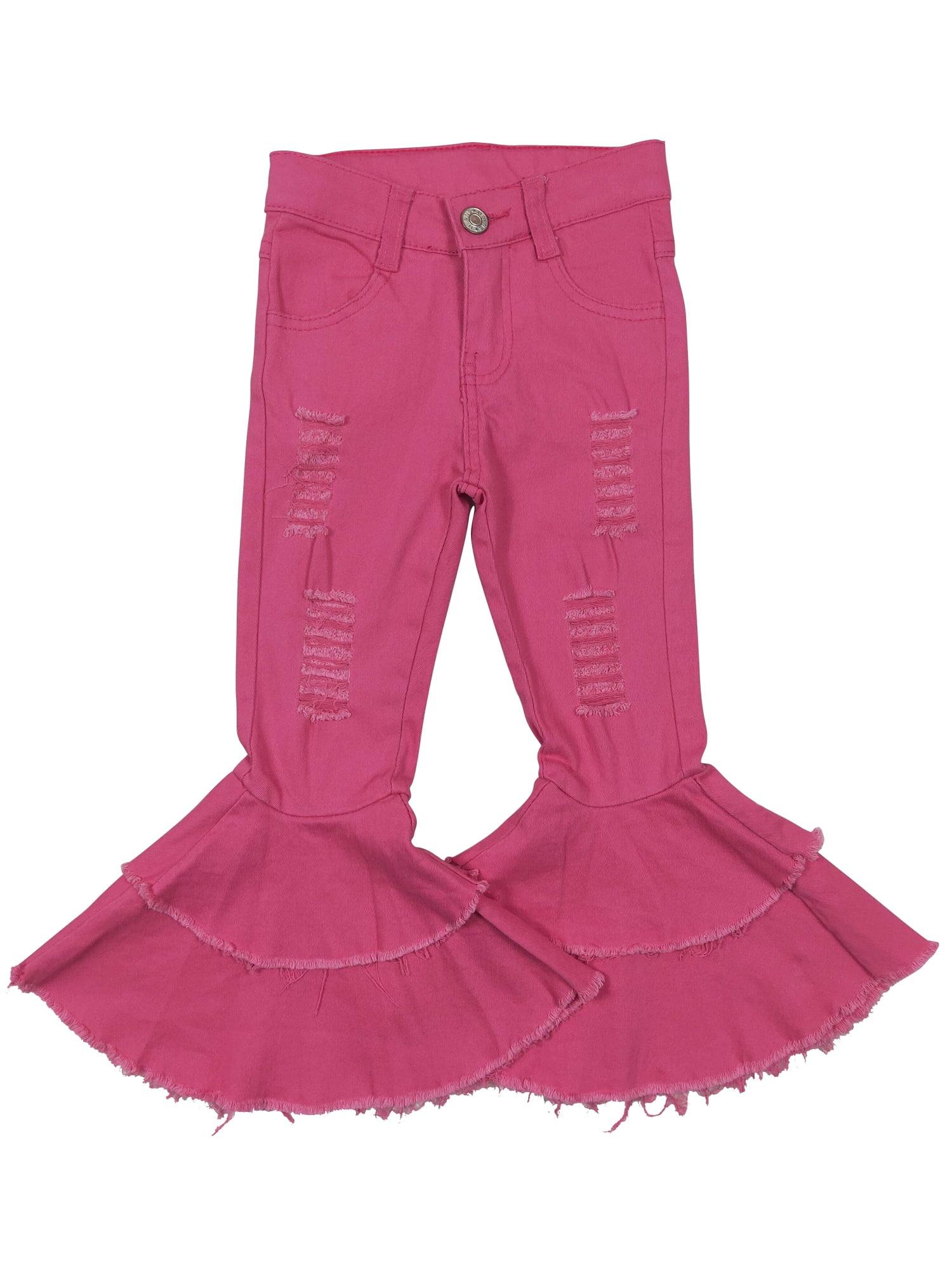 YAWOO Toddler Little Girls Pink Hole Ruffle Bell Bottom Kids Jeans