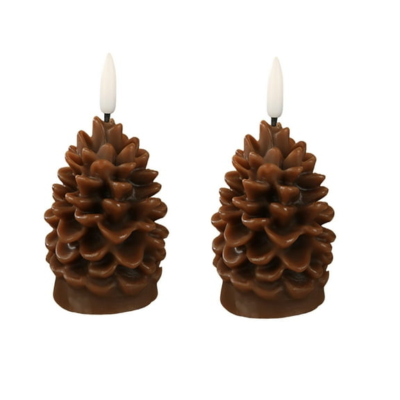 YAWUBT 2 Pieces Christmas Pinecone Candles Flameless LED Battery Operated,Brown, Unscented Real Wax, Thanksgiving Winter Holiday Decoration, 4 Inch
