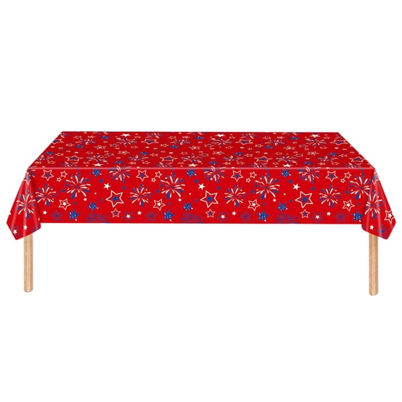 YAWUBT American Patriotic Plastic Tablecloth - Stars and Fireworks Design, Disposable Rectangle Table Cover for 4th of July, Memorial Day, Veterans Day, Indoor Outdoor Decoration