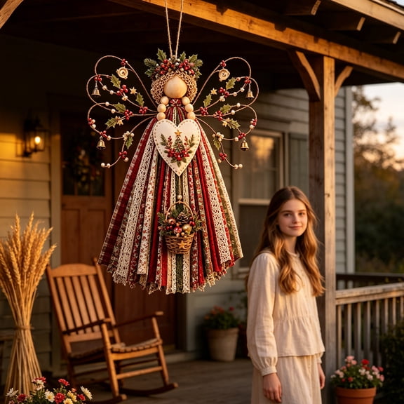 YAWUBT Angel Fabric Hanging DIY Kit, Macrame Wall Weaving Craft with Precut Fabrics & Buttons, Layered Wings Rustic Farmhouse Christmas Decor for Adults