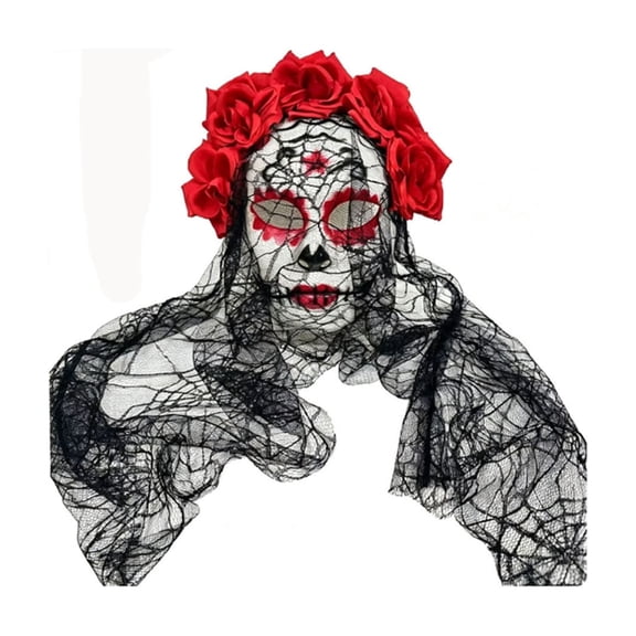 YAWUBT Day of The Dead Sugar Skull Mask with Veil and Rose Flower Crown, Dia de Los Muertos Halloween Lace Mask for Masquerade Cosplay Party Costume Accessory
