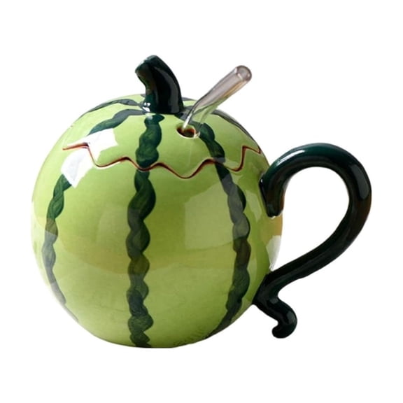 YAWUBT Watermelon-shaped Ceramic Lidded Straw Cup Fruit Coffee Cup Cute Summer Suitable For Home