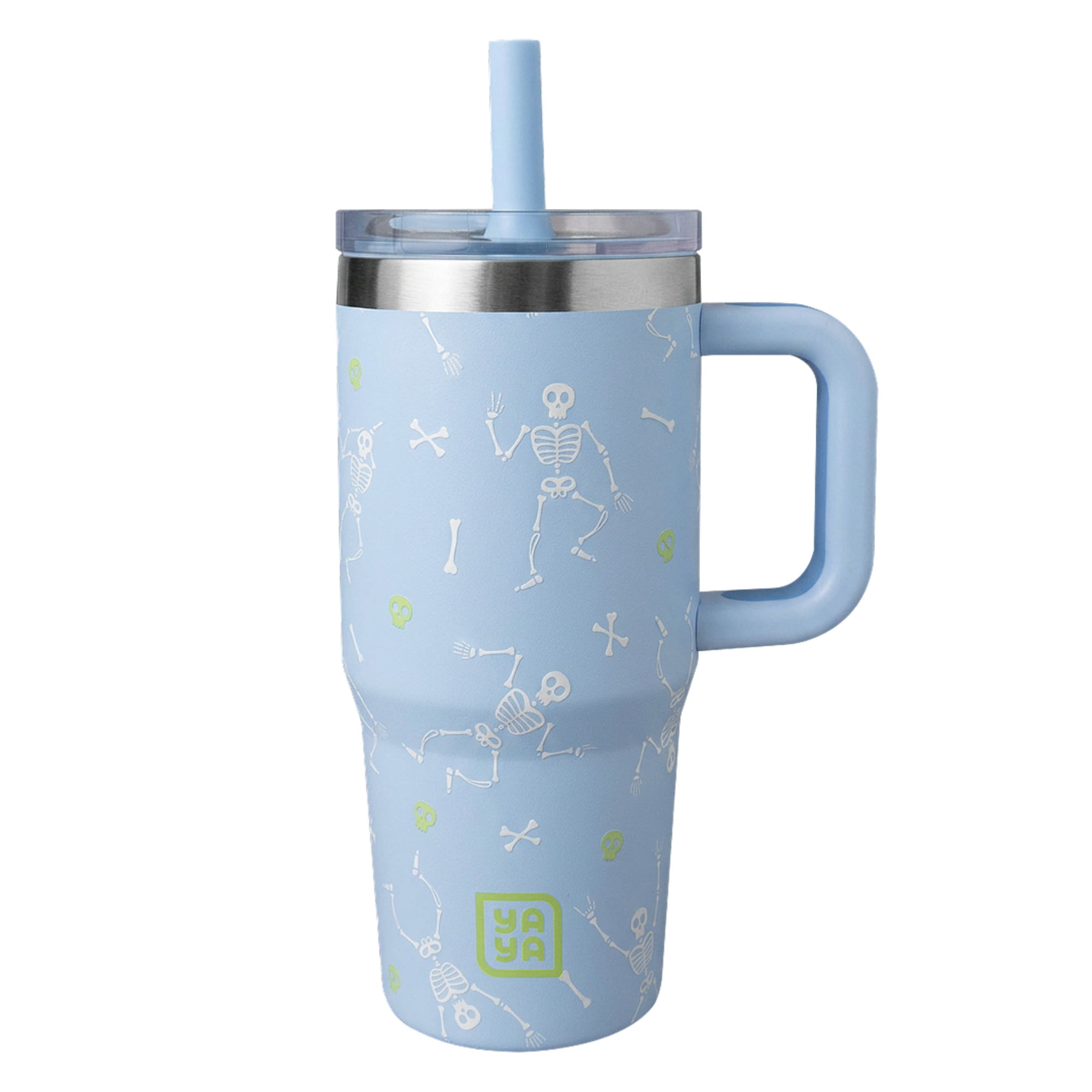 YAYA My First Travel Tumbler for Preschool & Kids 3+, Insulated Stainless Steel Tumbler with Reusable Silicone Straw & Spill-Proof Lid, Cup Holder Compatible, BPA-Free, 12oz, Skeletons