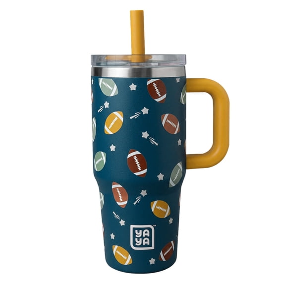 YAYA My First Travel Tumbler for Preschool & Kids 3+, Insulated Stainless Steel Tumbler with Reusable Silicone Straw & Spill-Proof Lid, Cup Holder Compatible, BPA-Free, 12oz, Football