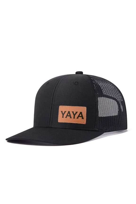 YAYA Leather Patch Embroidered Color Block Trucker Hat Unisex Adjustable Cotton Breathable Fashion Cap for Travel Daily Wear