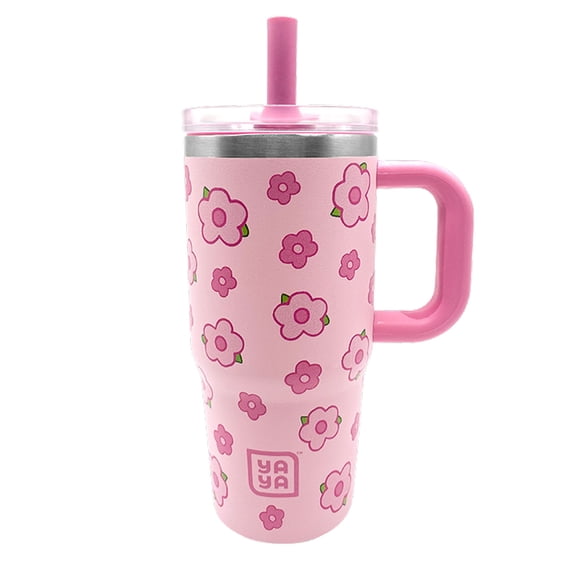 YAYA My First Travel Tumbler for Preschool & Kids 3+, Insulated Stainless Steel Tumbler with Reusable Silicone Straw & Spill-Proof Lid, Cup Holder Compatible, BPA-Free, 12oz, Floral