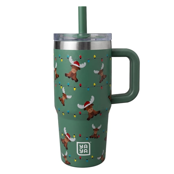 YAYA My First Travel Tumbler for Preschool & Kids 3+, Insulated Stainless Steel Tumbler with Reusable Silicone Straw & Spill-Proof Lid, Cup Holder Compatible, BPA-Free, 12oz, Moose