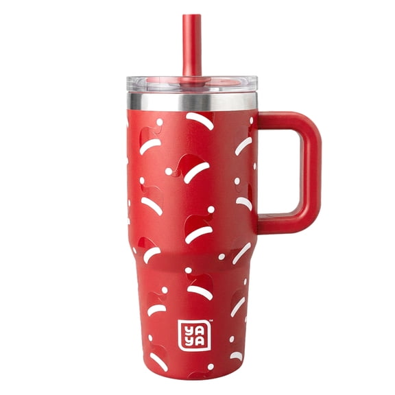 YAYA My First Travel Tumbler for Preschool & Kids 3+, Insulated Stainless Steel Tumbler with Reusable Silicone Straw & Spill-Proof Lid, Cup Holder Compatible, BPA-Free, 12oz, Santa Hats