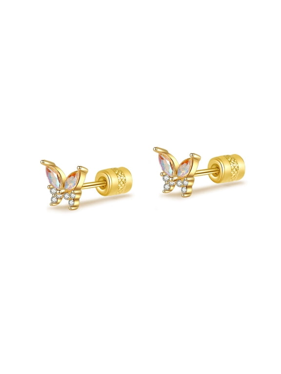 Butterfly Earrings for Women, 925 Sterling Silver Hypoallergenic Cute Tiny Butterfly Screw Stud Earrings, 18K Gold Plated Mini Animal Earrings Jewelry Lovely Gifts
