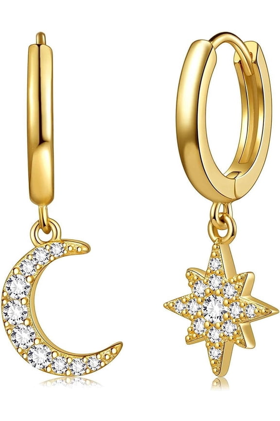 Dangle Hoop Earrings for Women , Spike Star Moon Pearl Sun Flower Heart Cross Chain Gold Huggie Tiny Drop Dangling Earrings, 925 Sterling Silver Hypoallergenic Fashion Jewelry Gift