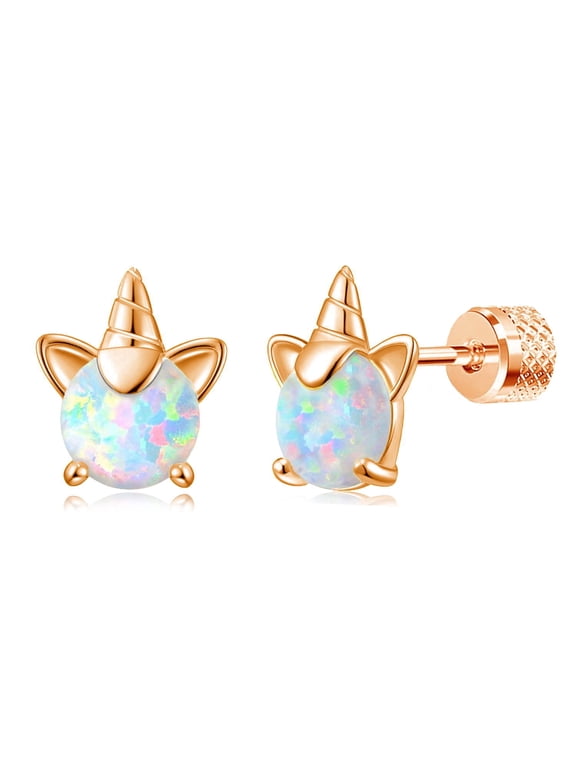 Unicorn Earrings for Women, 925 Sterling Silver Hypoallergenic Cute Animal Opal Stud Earring Jewelry Gifts (Rose Gold)