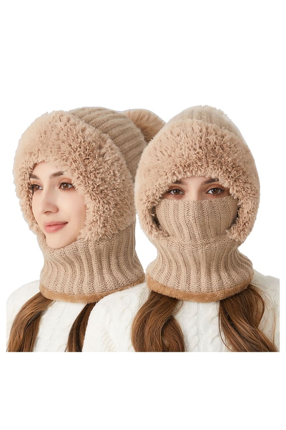 3 in 1 Beanie Hat with Scarf and Mask, Women's Outdoors Windproof Scarf Hat, Knitted Ski Mask Set