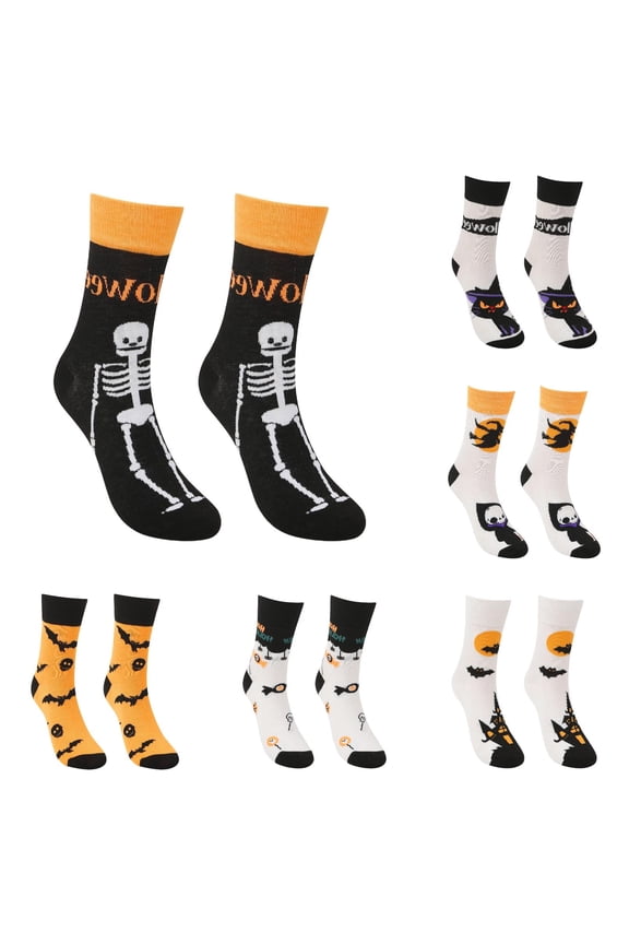 6 Packs Halloween Socks,Halloween Pumpkin Witch Novelty Crew Socks Mid Calf Length Casual Costume Party Dress Up For
