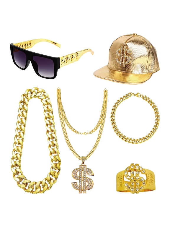 80s 90s Hop Kit Rapper Accessories Outfit for Men Women Halloween Party,Gold