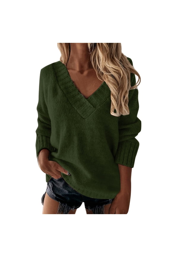 Army Green Loose Sweaters V Neck Long Sleeve Solid Knitted Jumper Pullover Sweatshirt Tops Size L