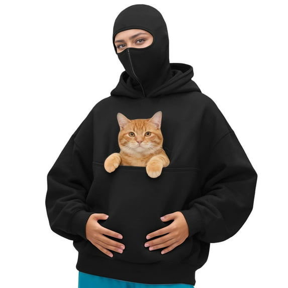 YAYUBA Balaclava Hoodies Women Pet Pouch Sweatshirt With Built In Balaclava Double Layer Hoodie Cat Dog Pouch Carriers Pullover,Black,M