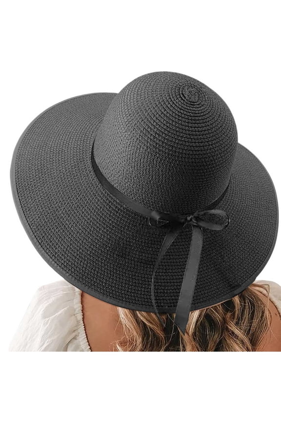 Beach Hats for Women Big Straw Wide Brim Summer Hat Floppy Foldable Roll Up Cap Sun Hat,Black