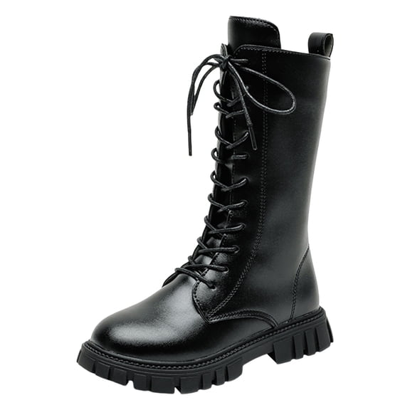 YAYUBA Black Girls Lace Up Riding Boots Mid Calf Combat Boots PU Leather Side Zipper Punk Goth Boot for 7-8 Years
