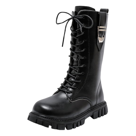 YAYUBA Black Girls Lace Up Riding Boots Mid Calf Combat Boots PU Leather Side Zipper Punk Goth Boot for 7-8 Years