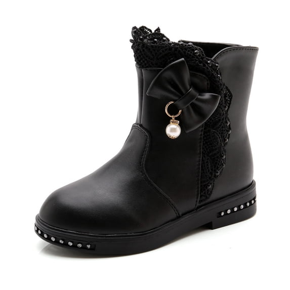 YAYUBA Black Toddler/Little Kid Girl's Fashion Short Ankle Boots Pearls Bow Dress Booties with Zipper for 11-11.5 Years