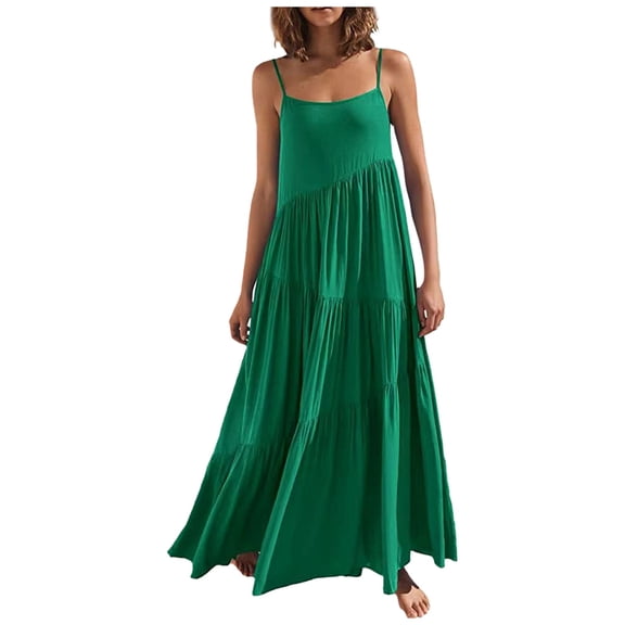 YAYUBA Boho Womens Clothing Winter Summer Women's Loose Fit Solid Color Ruffle Asymmetric Boho Maxi Dress With Spaghetti Straps Resort Wear for Women