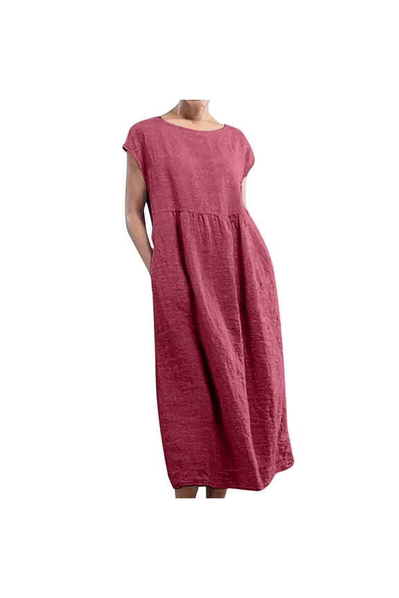 Boho Womens Clothing Winter Women's Solid Sleeveless O Neck Maxi Pockets Loose Baggy Kaftan Long Dress Beach Maxi Dress