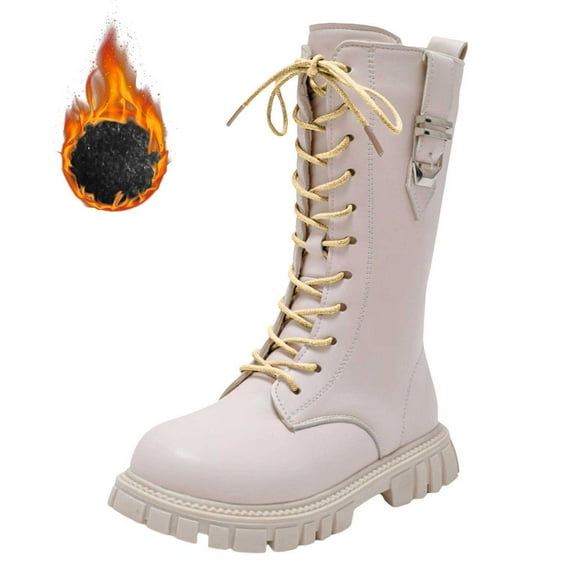 YAYUBA Boots For Girls Fall Shoes Gold Lace Up Riding Boots Mid Calf Combat Boots Cute Boot Pu Leather Waterproof Fashion Goth Cowboy Goth Side