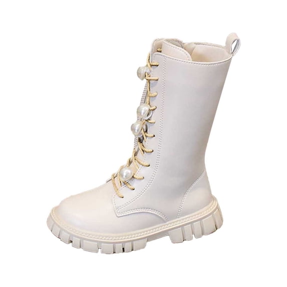 YAYUBA Boots For Girls Fall Shoes Gold Lace Up Riding Boots Mid Calf Combat Boots Cute Boot Pu Leather Waterproof Fashion Goth Cowboy Goth Side