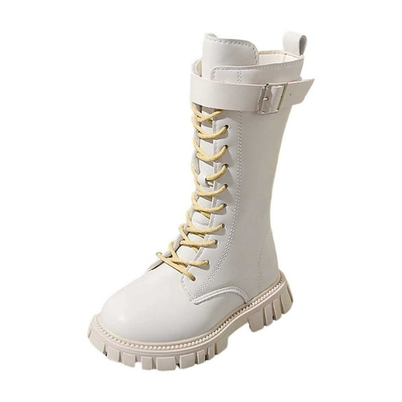 YAYUBA Boots For Girls Fall Shoes Gold Lace Up Riding Boots Mid Calf Combat Boots Cute Boot Pu Leather Waterproof Fashion Goth Cowboy Goth Side