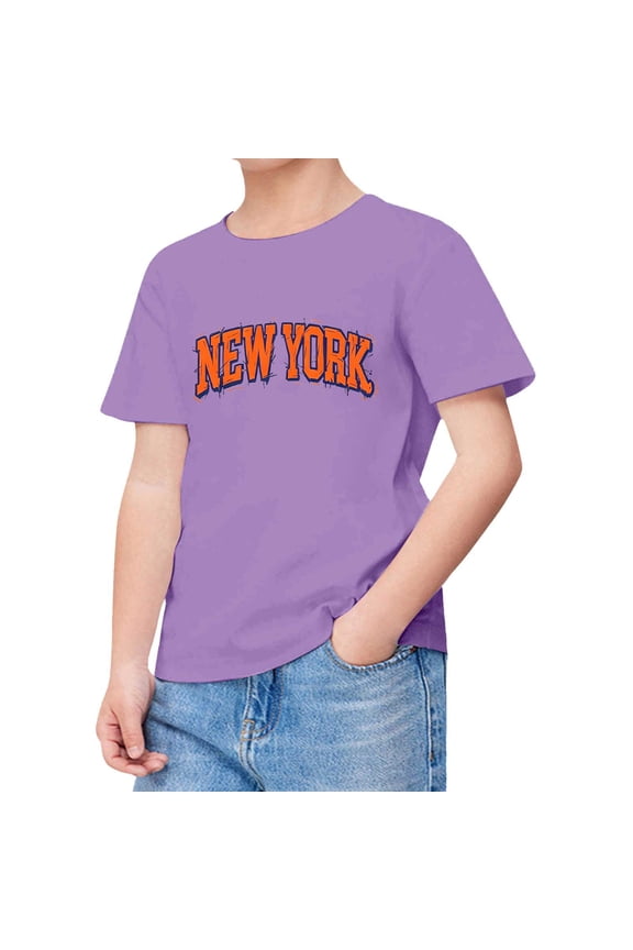 Boy Tops 2t Round Neck Cartoon Print Back To School Shirt Loose Tee Tops Preppy Boys' Tops, Tees & Shirts, 9-10 Years, Purple