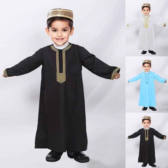 YAYUBA Boy's Saudi Arabic Long Sleeve Robe Ramadan Dress Middle East Clothing