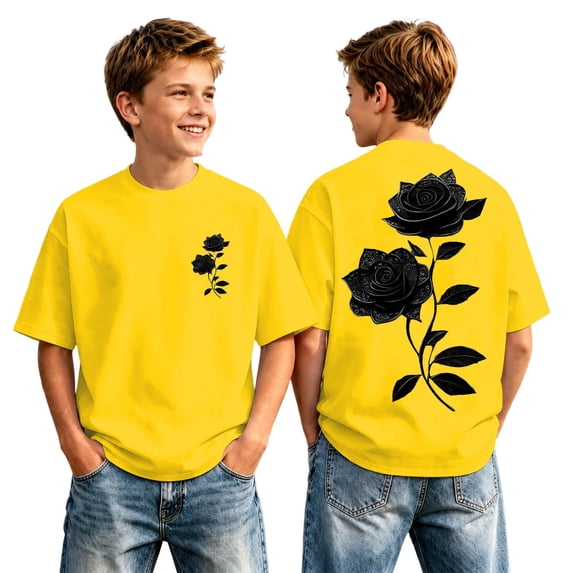 YAYUBA Boys Shirts Size 14-16 Round Neck Solid Color Back To School Shirt Casual Trendy Tops Preppy Summer Clothes for Girls, 6-7Years, Yellow