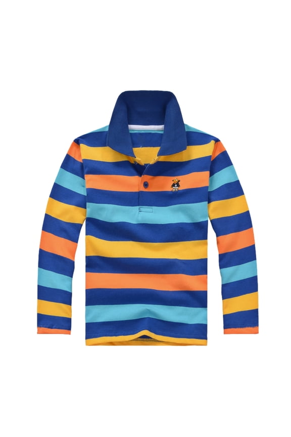 Boys Stripe Polo Shirt Cotton Lapel Collar Tops Kids Long Sleeve Preppy Shirt Casual Button Back To School Uniform Shirts Size 6-7 Years, Blue